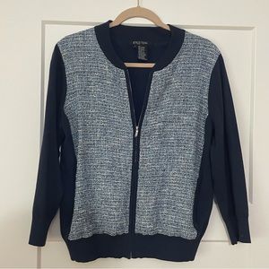 Etcetera navy sweater with blue print on front size large